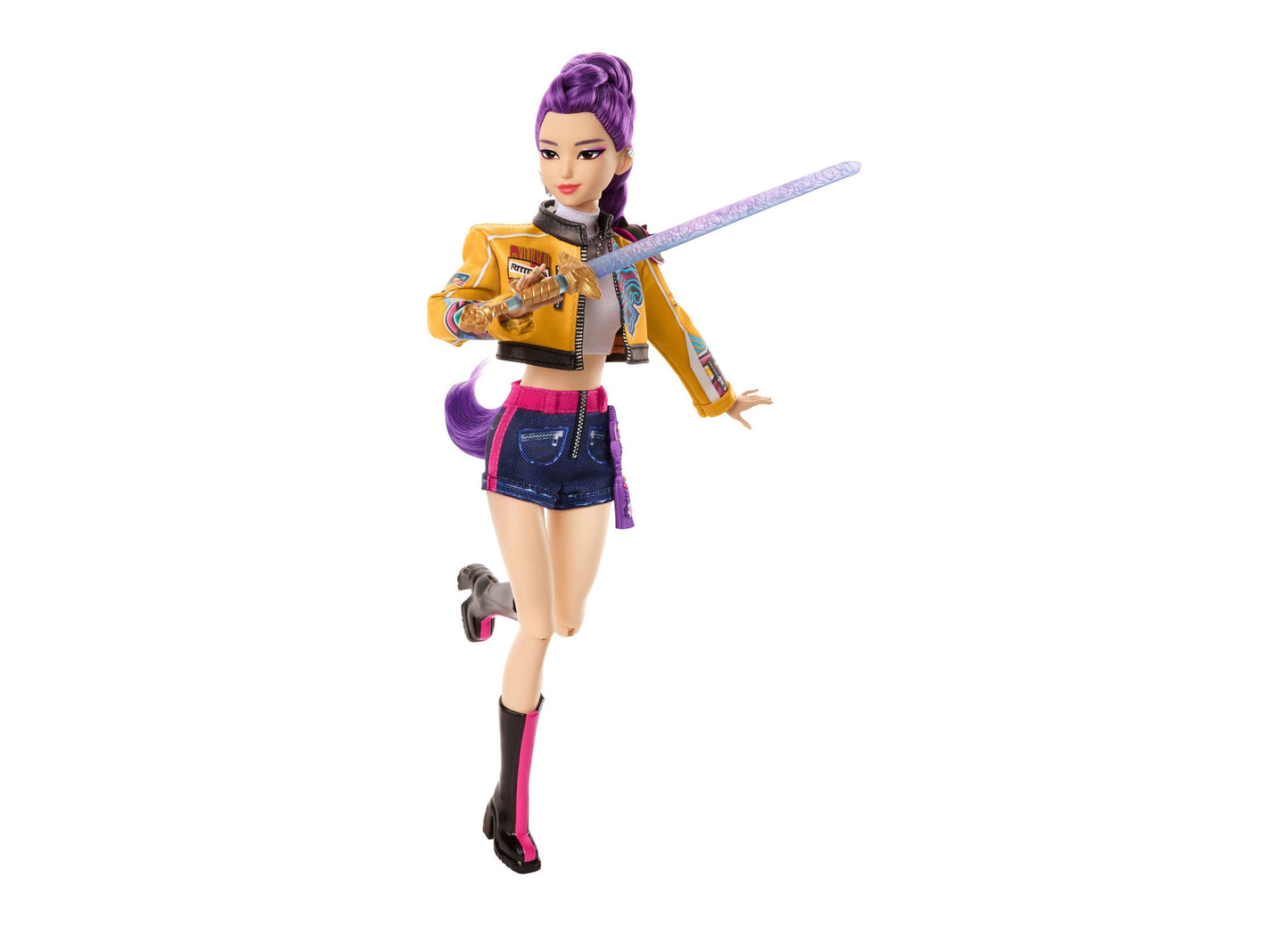 Kpop Demon Hunters Rumi 11" doll with purple hair, yellow jacket, and purple sword weapon