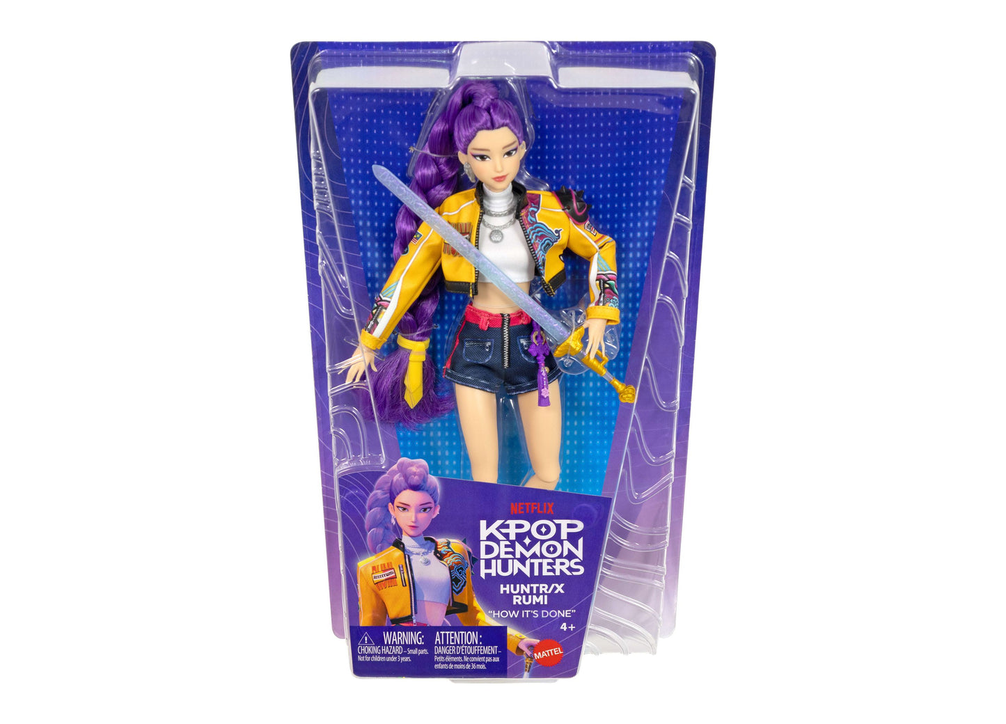 KPOP Demon Hunters Huntr/X Rumi 11" doll with purple hair, yellow jacket, and sword weapon accessory