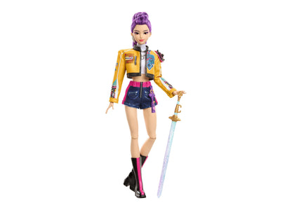 Kpop Demon Hunters Rumi 11" doll with purple hair, yellow jacket, and sword accessory