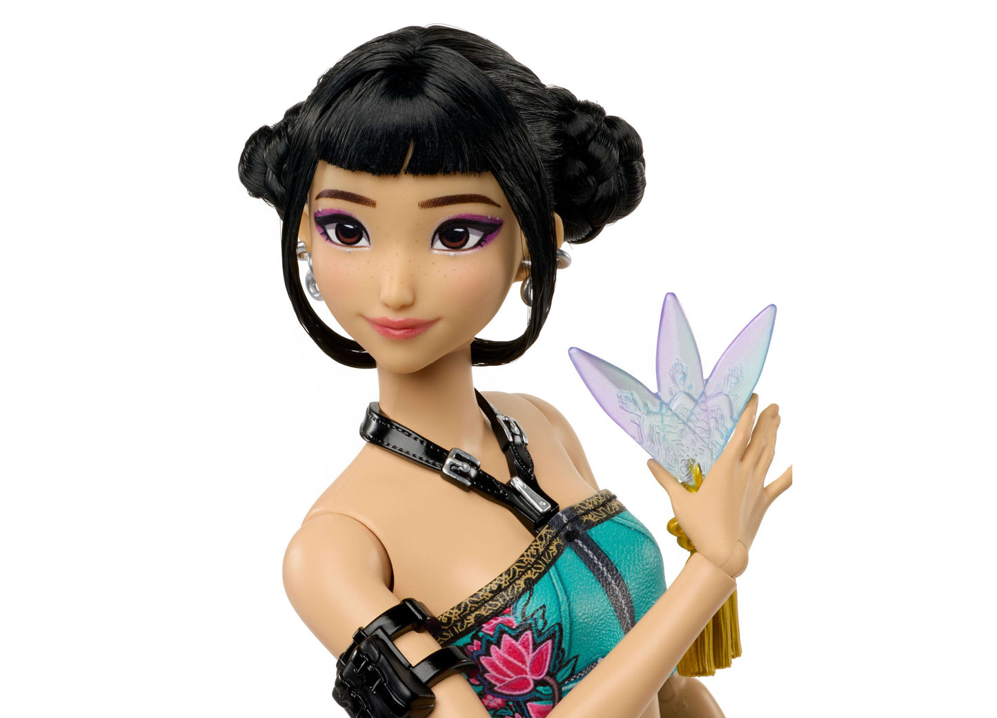 Zoey 11 Posable Fashion Doll with black hair buns, purple eyeshadow, turquoise outfit, iridescent wings, and articula...