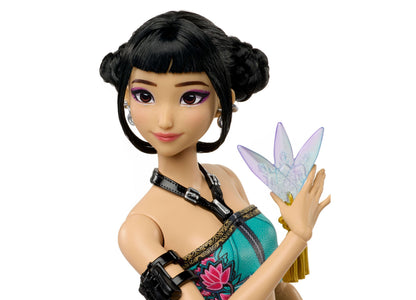 Zoey 11 Posable Fashion Doll with black hair buns, purple eyeshadow, turquoise outfit, iridescent wings, and articula...