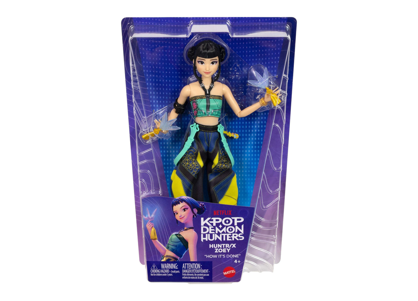 Kpop Demon Hunters Huntr/X Zoey posable fashion doll with black hair, teal and yellow outfit