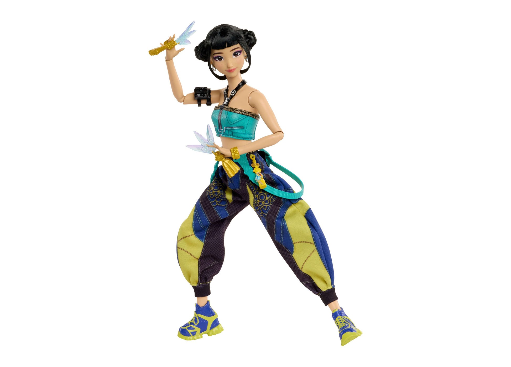 Kpop Demon Hunters HUNTR/X Zoey posable fashion doll with turquoise top, blue and yellow pants, and accessories