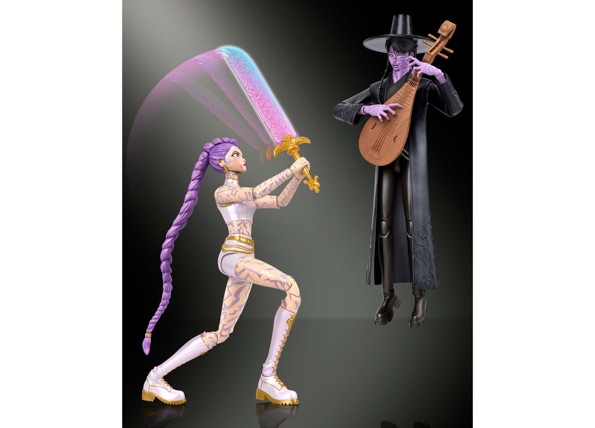 Kpop Demon Hunters Rumi & Jinu action figure 2-pack with purple and black characters, articulated joints, and swappab...