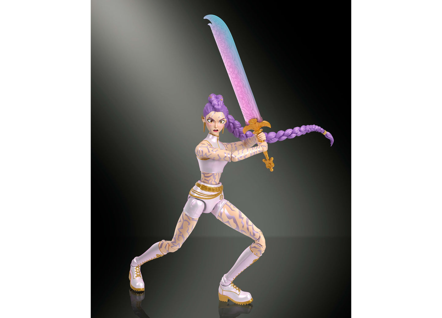 Kpop Demon Hunters Rumi action figure with purple hair, pink sword, gold accents, and articulated joints