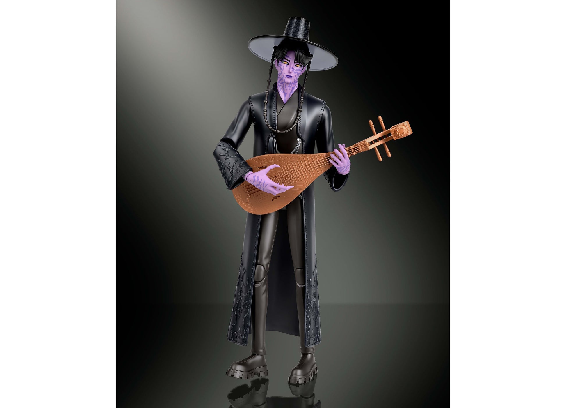 Kpop Demon Hunters action figure with purple face, black leather coat, wide-brimmed hat, and wooden instrument