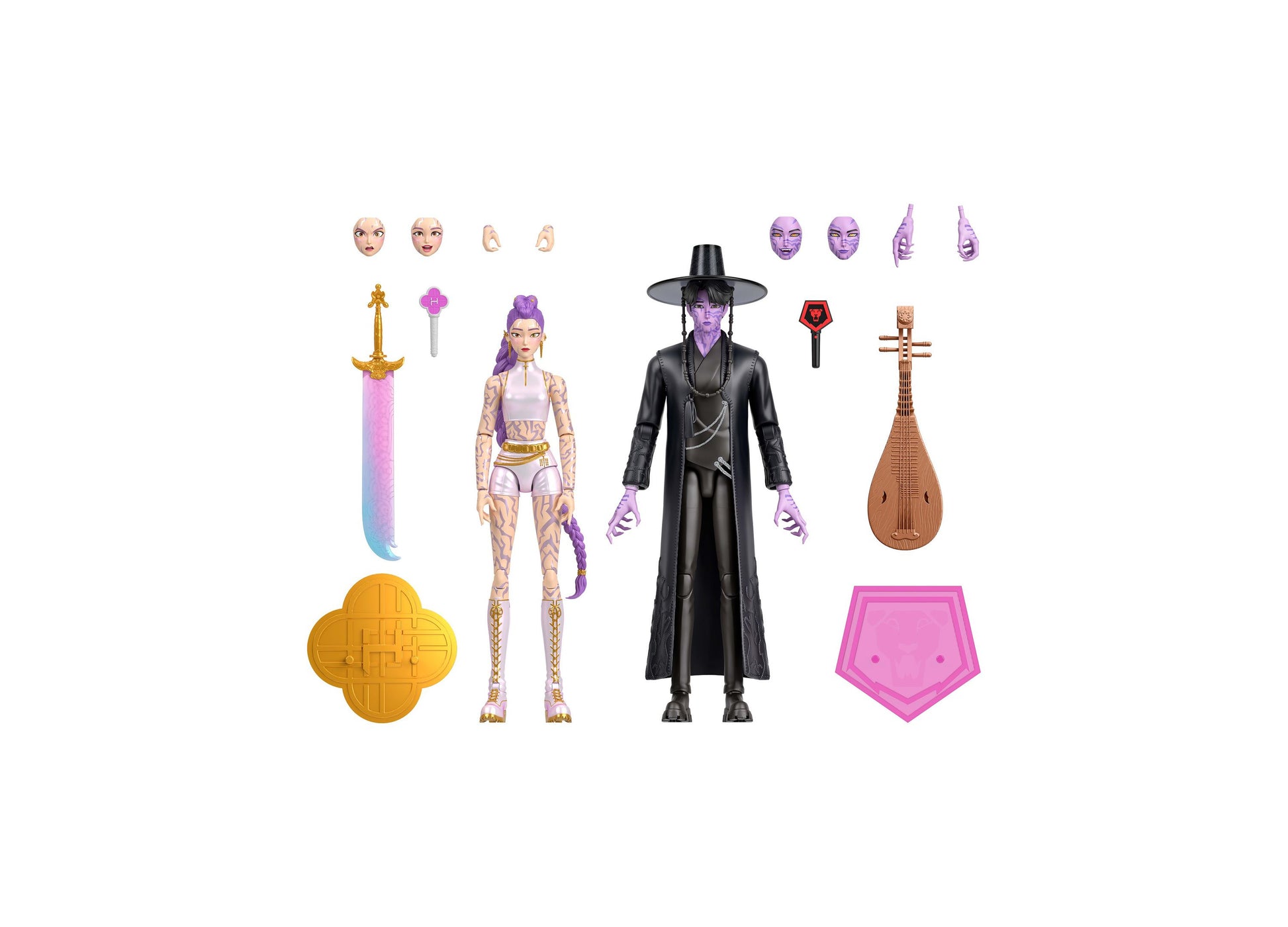 Kpop Demon Hunters Rumi & Jinu 2-Pack action figures with swappable heads, hands, accessories and weapons