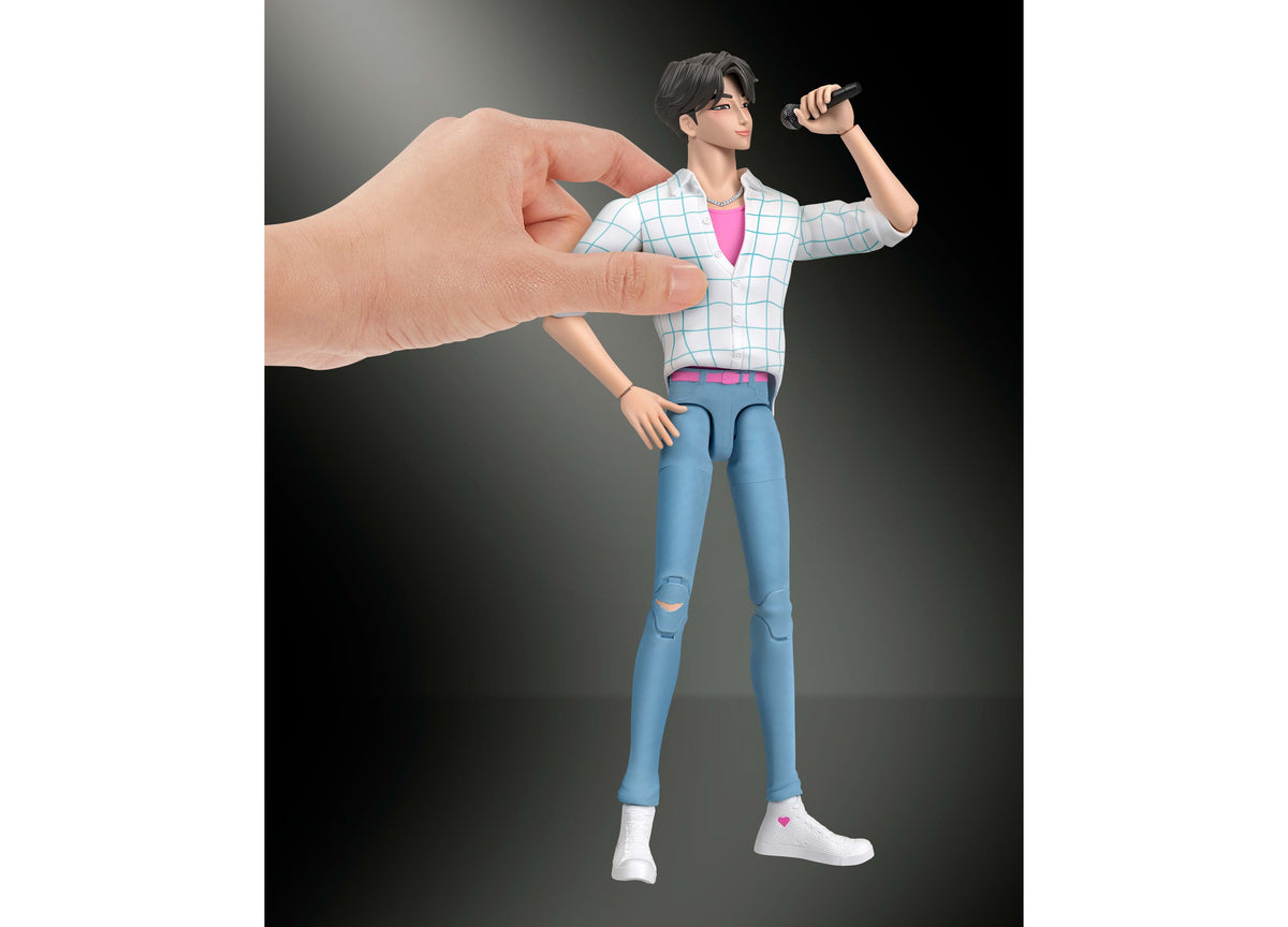 Jinu 6.7-inch action figure in white checkered blazer and blue jeans, holding microphone, with hand pointing to figure