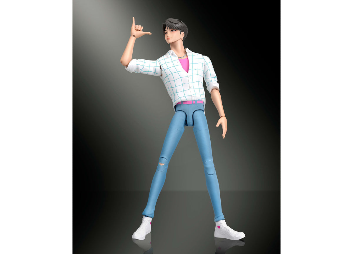 KPop Demon Hunters Jinu 6.7-inch action figure in white grid shirt and blue jeans with pink accents, posing with rais...