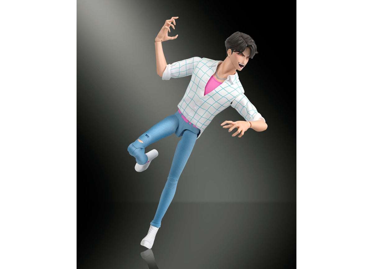 KPop Demon Hunters Jinu 6.7-inch action figure in white grid jacket and pink top, posed mid-jump with dynamic gesture