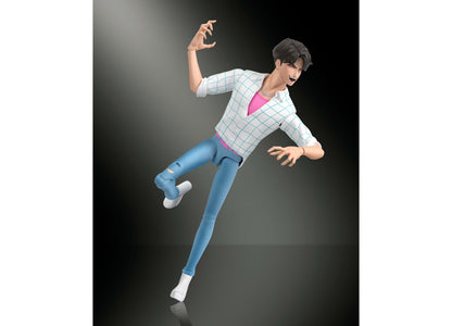 KPop Demon Hunters Jinu 6.7-inch action figure in white grid jacket and pink top, posed mid-jump with dynamic gesture