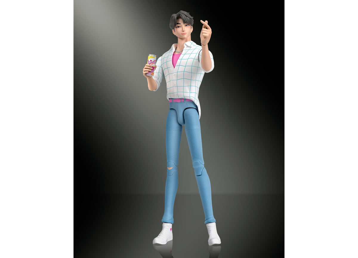 KPop Demon Hunters Jinu 6.7-inch action figure in white grid shirt and blue jeans holding soda can