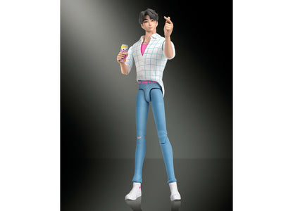 KPop Demon Hunters Jinu 6.7-inch action figure in white grid shirt and blue jeans holding soda can