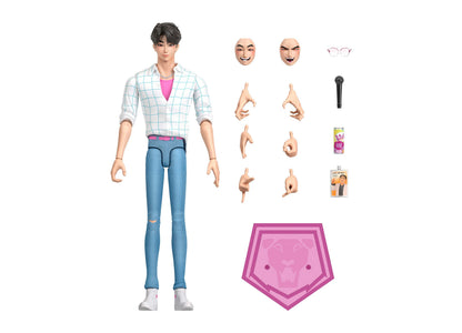 Jinu 6.7-inch action figure in checkered shirt with interchangeable hands, faces, microphone, and display stand