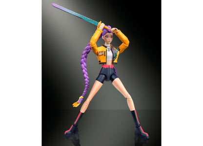 Kpop Demon Hunters Rumi 6-inch action figure with purple hair, yellow jacket, articulated joints, and sword