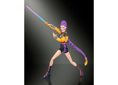Kpop Demon Hunters Rumi 6-inch action figure with purple hair, yellow armor, articulated joints, and interchangeable ...