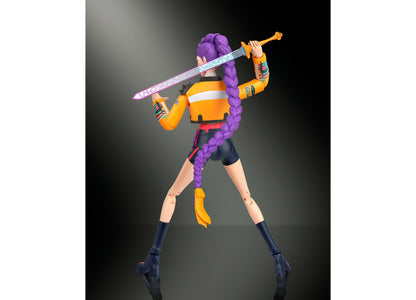 Kpop Demon Hunters Rumi 6-inch action figure with purple hair, orange outfit, articulated joints, and sword