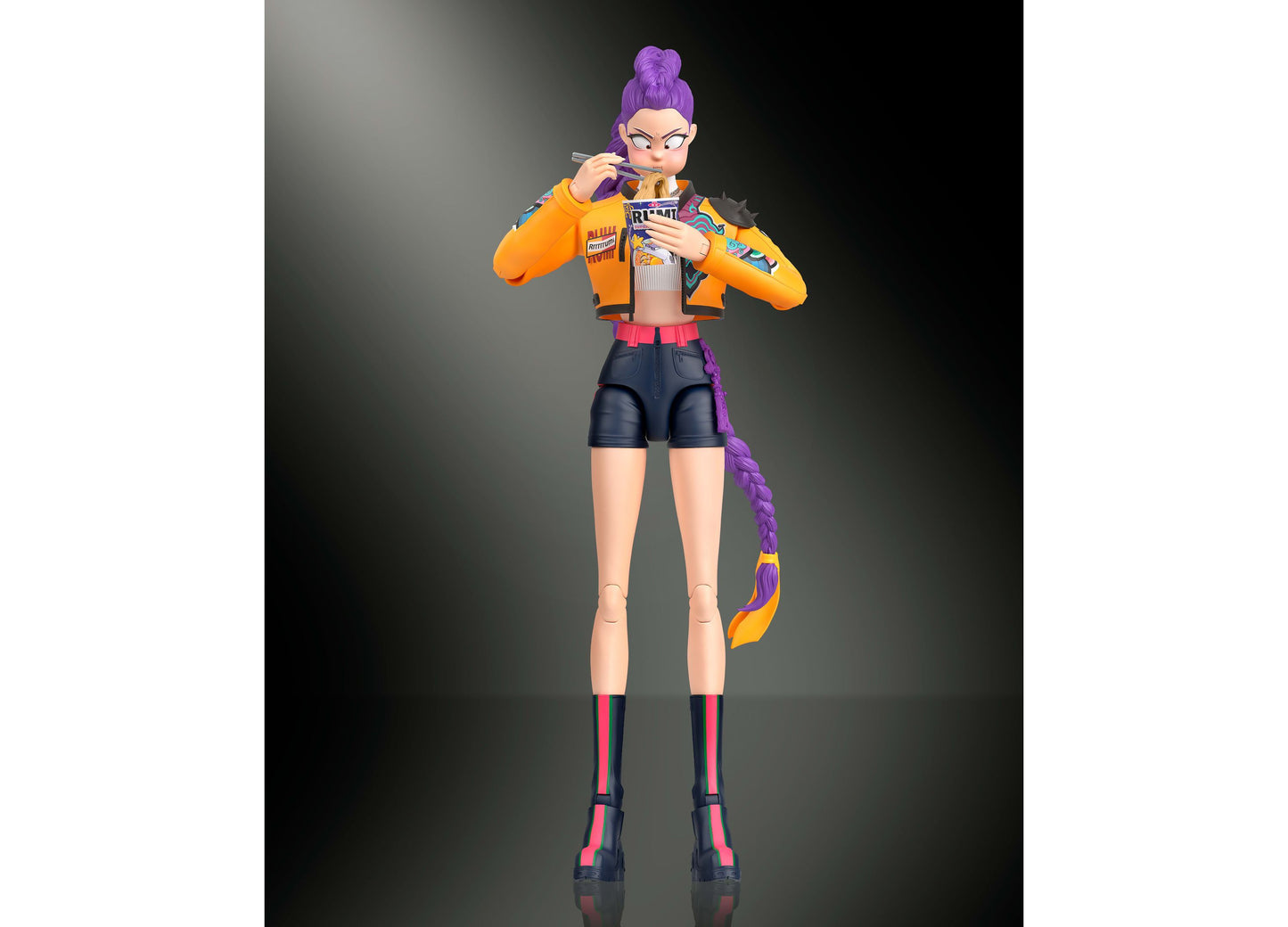 Kpop Demon Hunters Rumi 6-inch action figure with purple hair, orange jacket, articulated joints