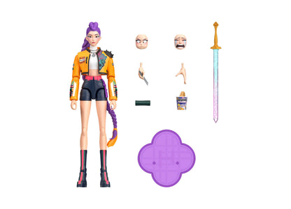 Kpop Demon Hunters Rumi 6-inch action figure with purple hair, orange jacket, interchangeable faces and hands, sword ...