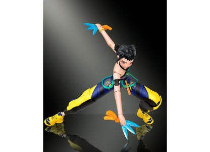 Kpop Demon Hunters Zoey action figure with blue and orange accessories, yellow and navy outfit