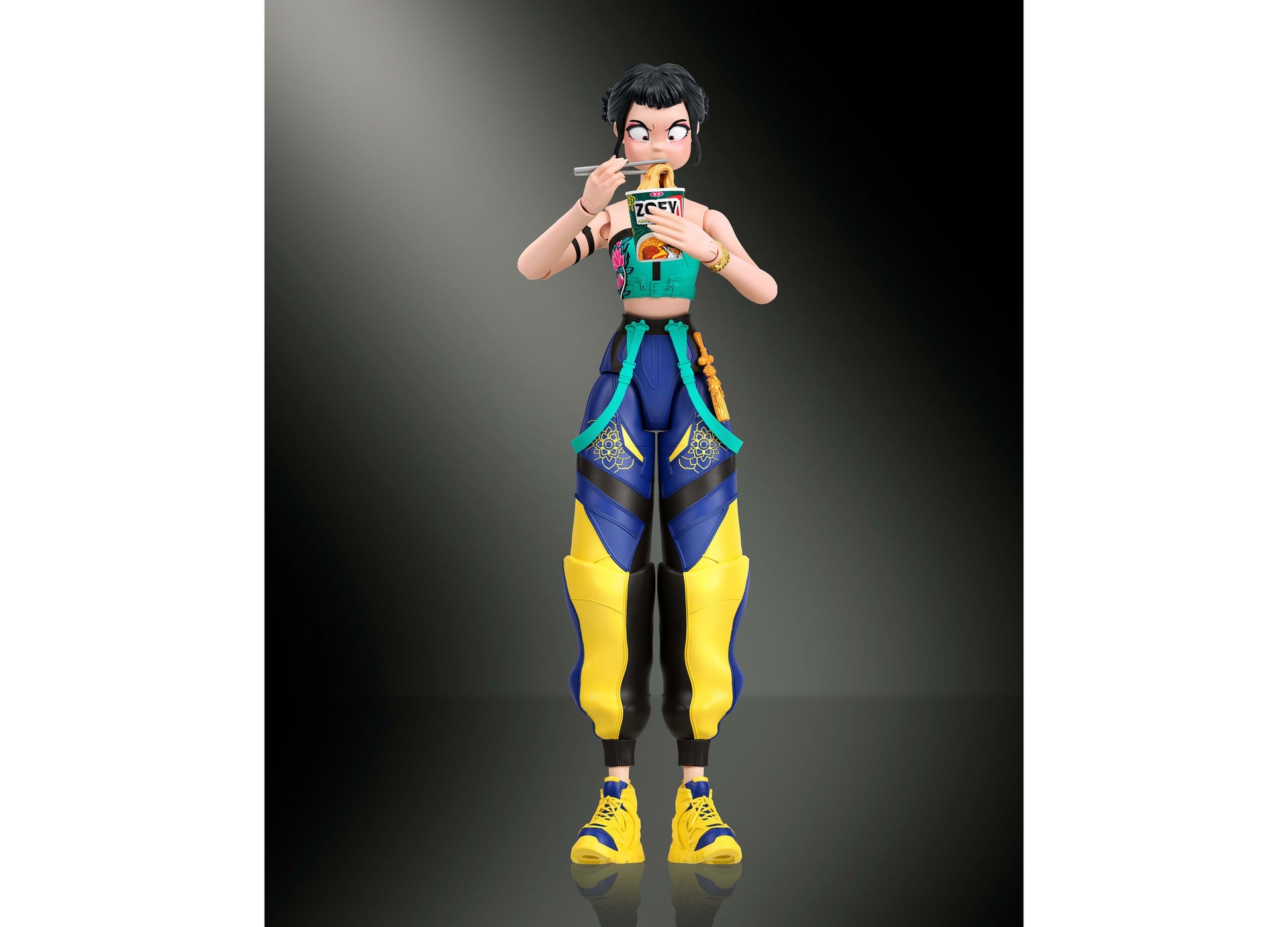 Kpop Demon Hunters Zoey 5.6-inch action figure with black hair, green and yellow outfit