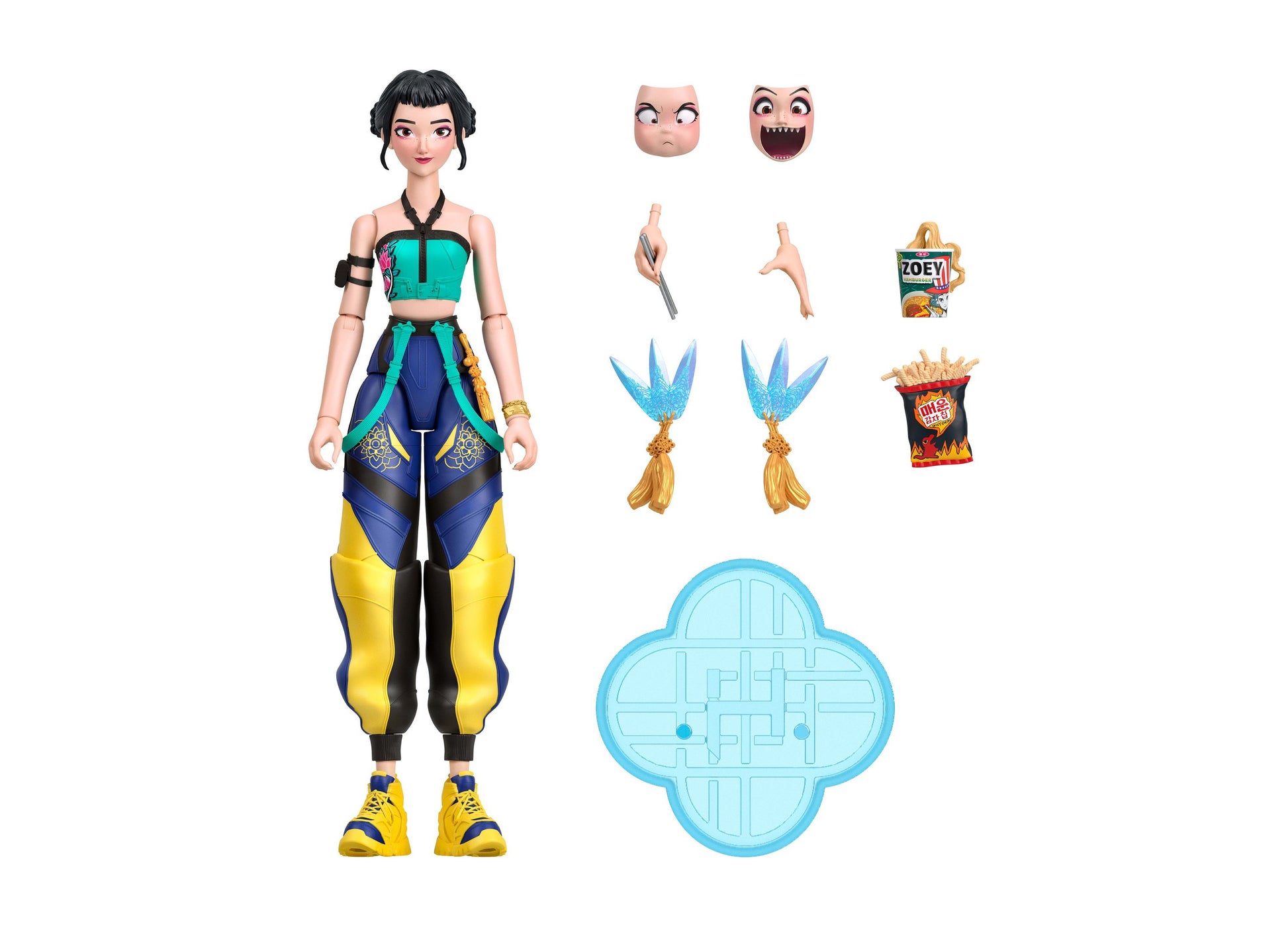 Kpop Demon Hunters Zoey 5.6-inch action figure with swappable faces, accessories, and blue portal playset
