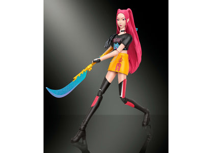 Kpop Demon Hunters Huntrx Mira 6-inch action figure with pink hair, black outfit, yellow skirt, and blue sword