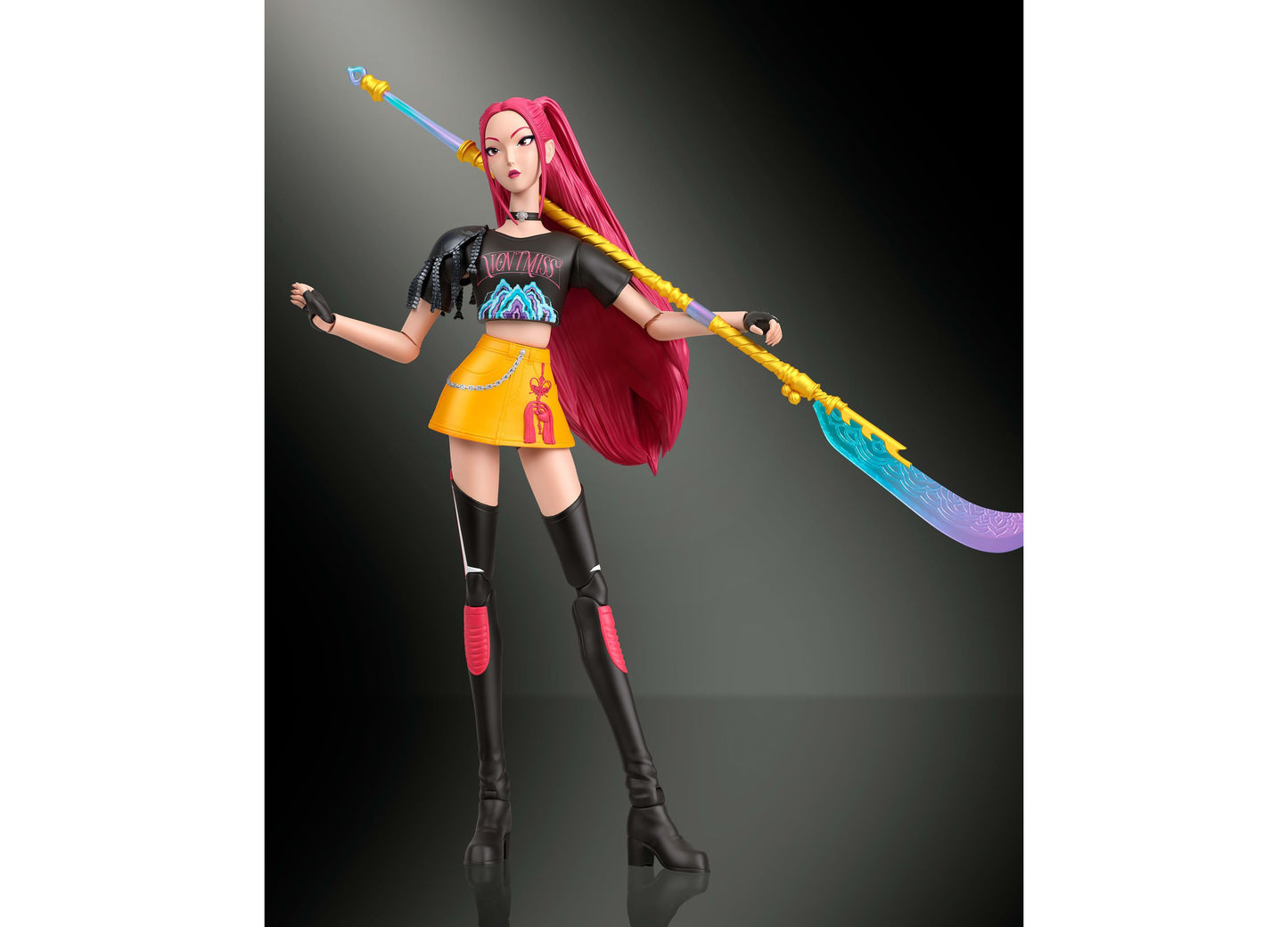 Kpop Demon Hunters Huntrx Mira 6-inch action figure with pink hair and colorful staff