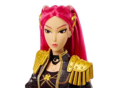 Kpop Demon Hunters Mira Huntr/X singing doll with pink hair, gold shoulder armor