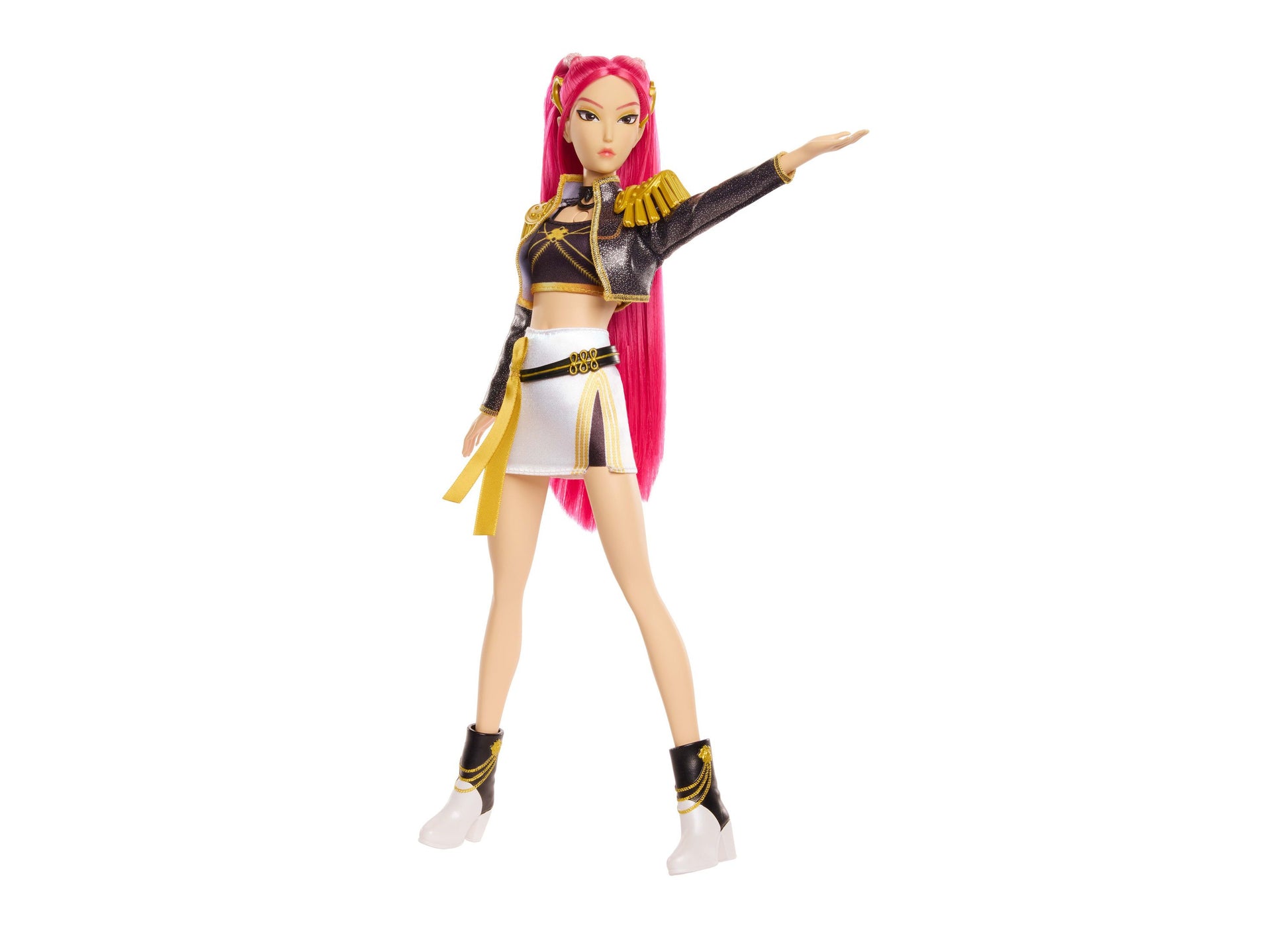 Kpop Demon Hunters Mira Huntr/X 12.75" singing fashion doll with pink hair, black and gold outfit, posable joints