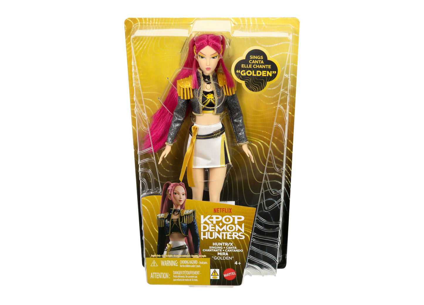 Kpop Demon Hunters Mira singing doll with pink hair, gold and black outfit, 12.75 inches