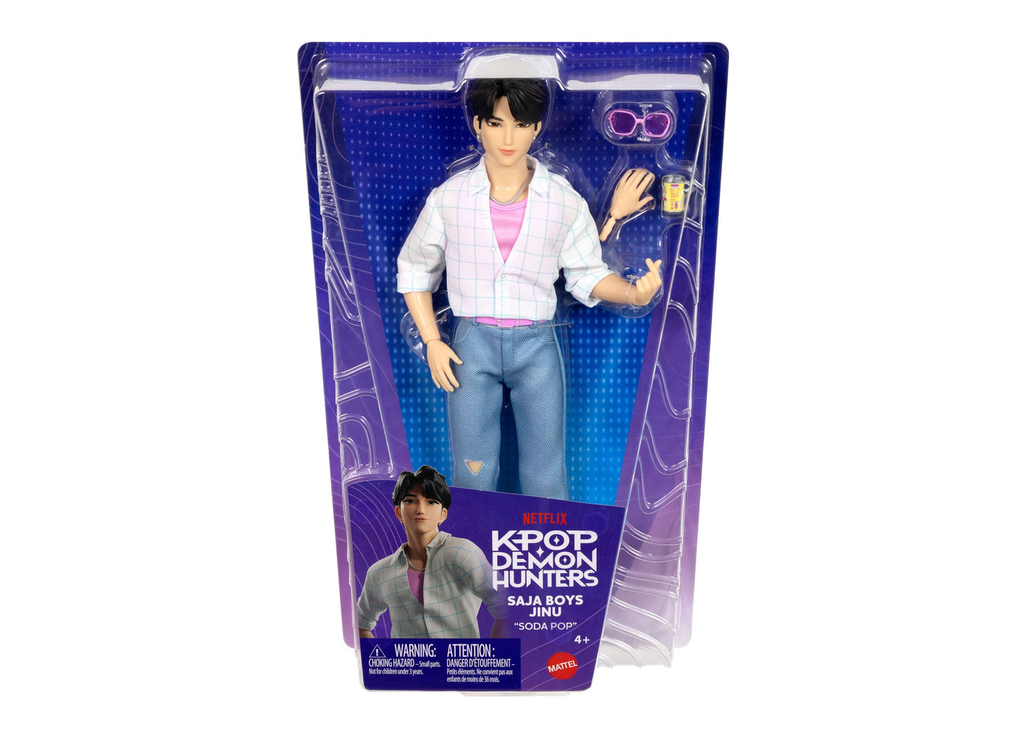 Kpop Demon Hunters Saja Boys Jinu Soda Pop fashion doll with posable joints in white shirt and blue jeans