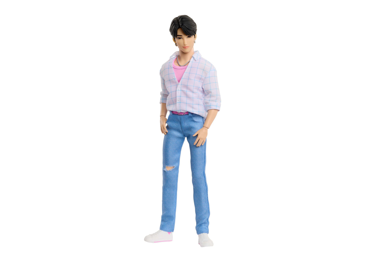 Kpop Demon Hunters Saja Boys Jinu Soda Pop 12" Fashion Doll with posable joints, wearing pink plaid shirt and ripped ...