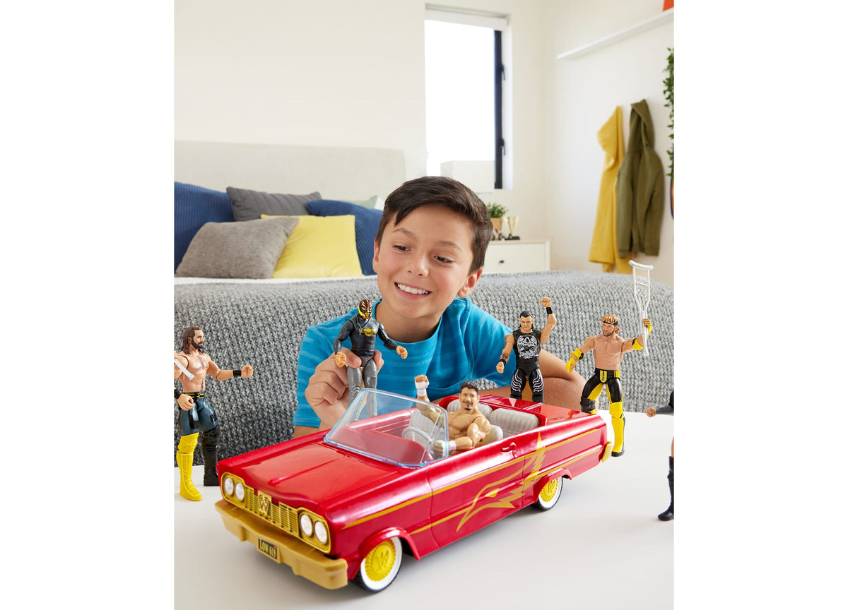 WWE Rey Mysterio Lucha Low Rider red and gold vehicle with hydraulics action and included action figure