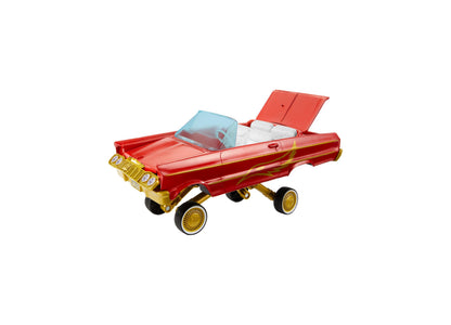 Red and gold WWE Rey Mysterio Lucha Low Rider toy vehicle with hydraulics action and real rolling wheels