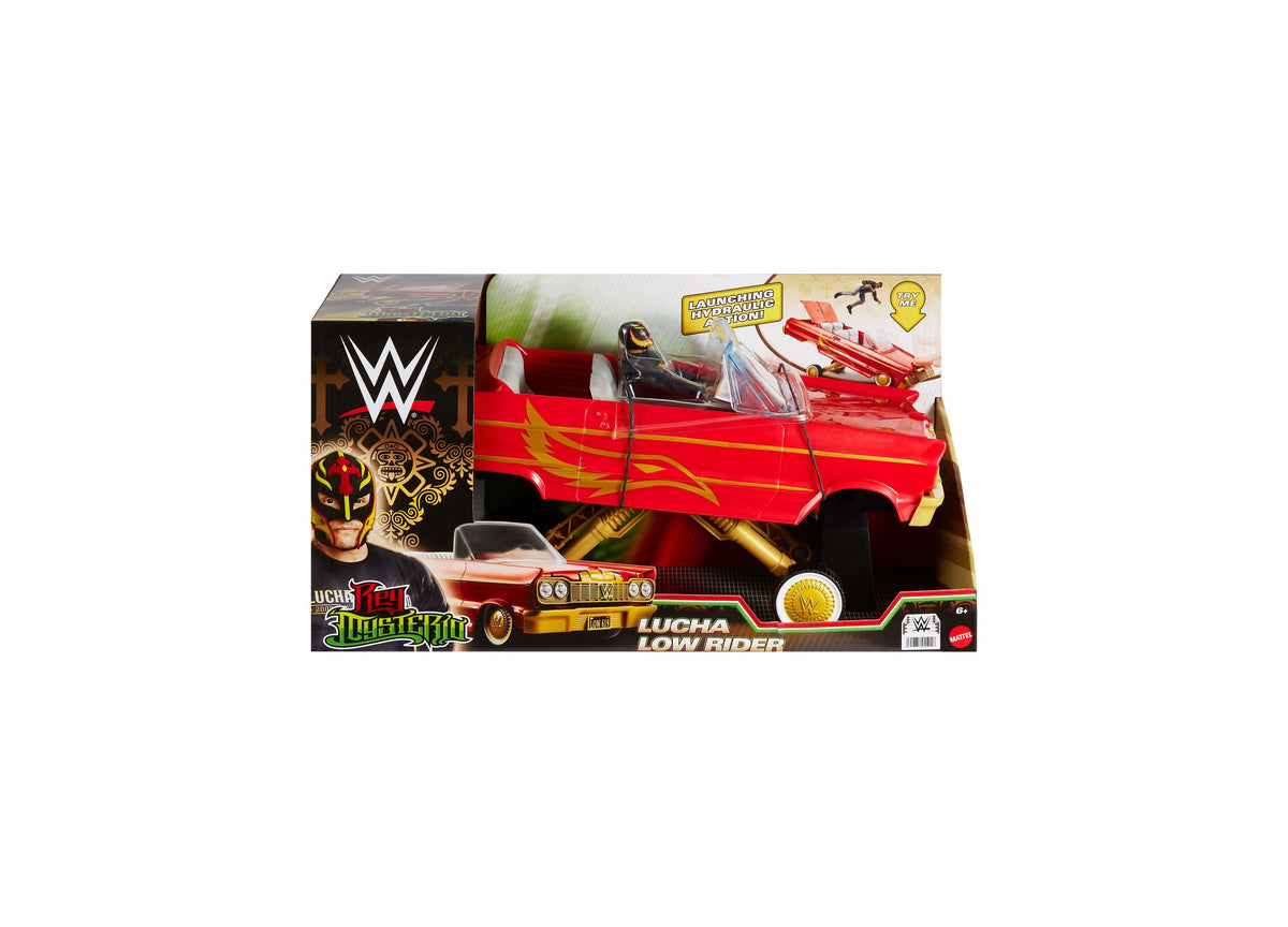 WWE Rey Mysterio Lucha Low Rider red vehicle with hydraulics action and launching feature, includes articulated figur...