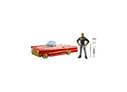 WWE Rey Mysterio Main Event Lucha Low Rider red convertible with gold accents, articulated figure in black outfit wit...