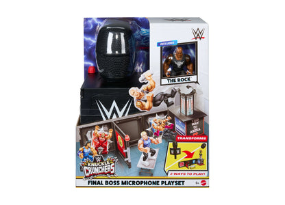 WWE The Rock Knuckle Crunchers Final Boss Microphone Playset with black microphone, action figure, and arena accessories