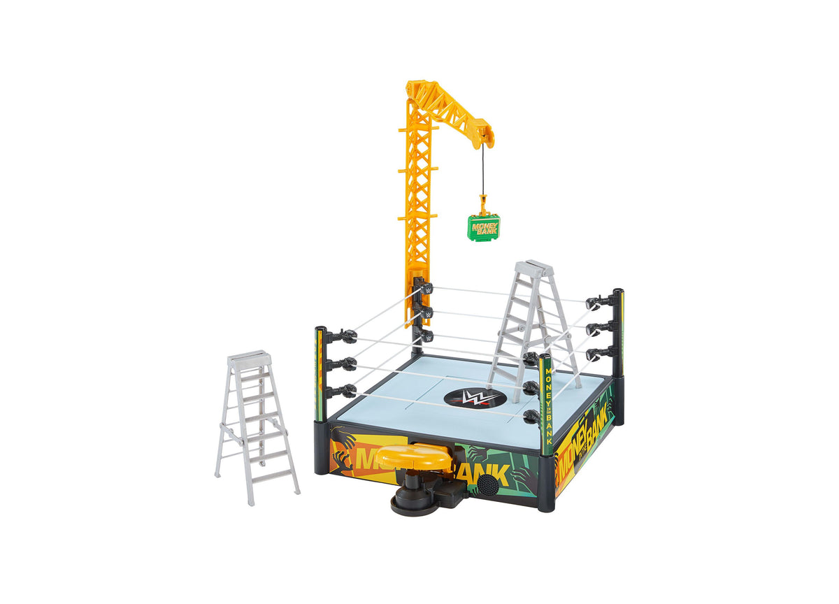 WWE Money In The Bank Ring Playset with yellow crane, blue mat, and gray ladder accessories