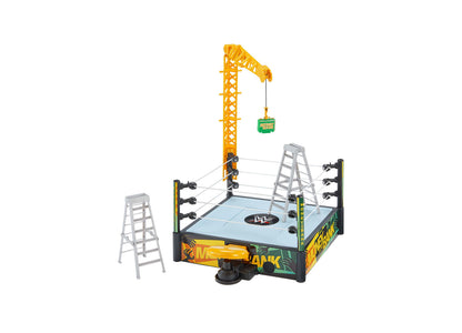 WWE Money In The Bank Ring Playset with yellow crane, blue mat, and gray ladder accessories