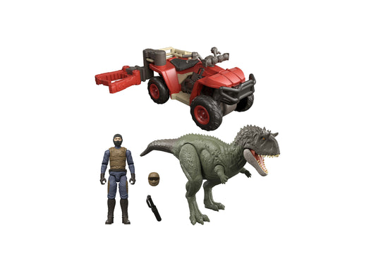 Jurassic World Ekrixinatorsaurus Capture Claw playset with red ATV vehicle, green dinosaur figure, and human character
