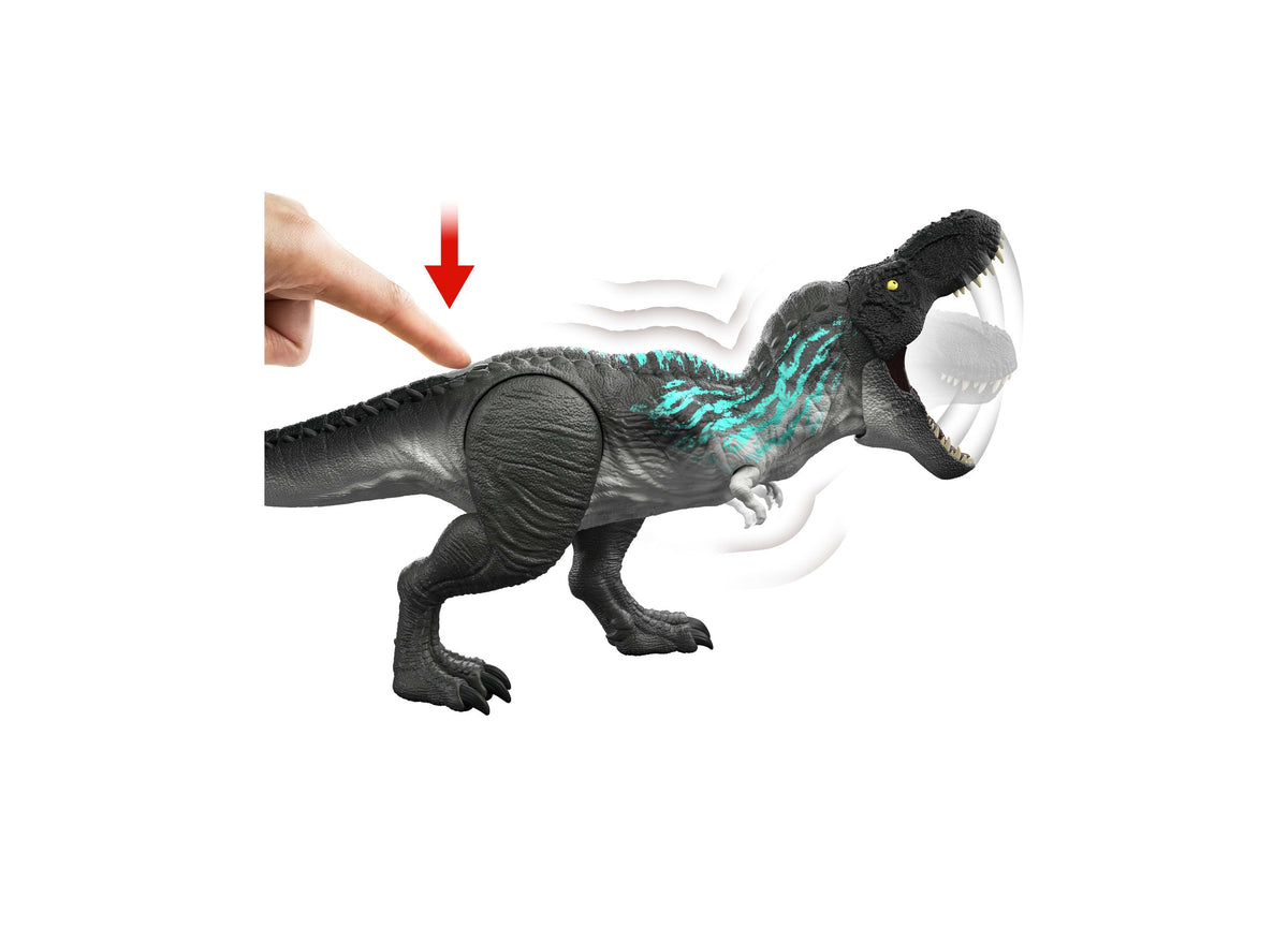 Jurassic World Tyrannosaurus Rex 21.5" action figure with black body, turquoise markings, and poseable limbs, shown w...