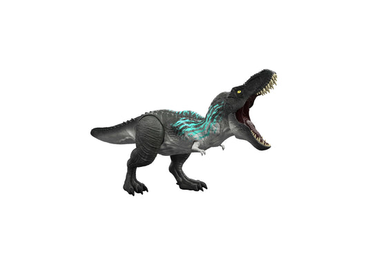 Jurassic World Tyrannosaurus Rex 21.5" action figure with black body, turquoise markings, and poseable limbs