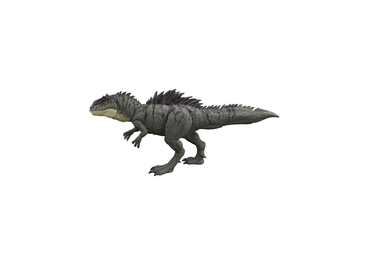 Jurassic World Giganotosaurus 28" Colossal Chomp Action Figure in dark gray with spikes along its back, shown in prof...
