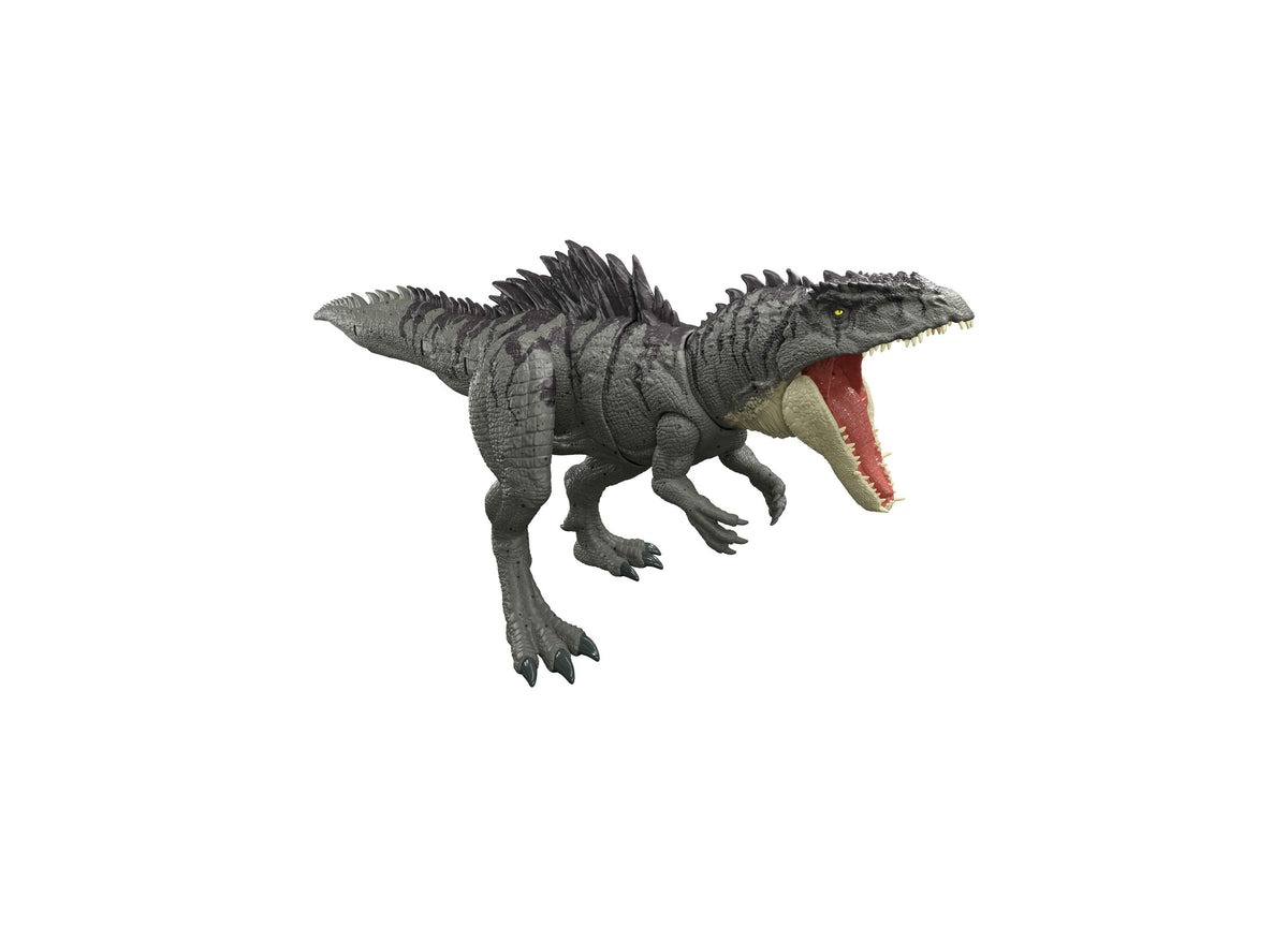 Jurassic World Giganotosaurus 28" Colossal Chomp Action Figure with gray textured body, spikes along back, open red m...