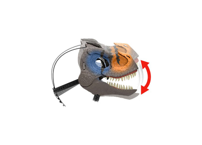 Jurassic World Snarlin' Sounds Velociraptor mask with moving jaw, blue and orange coloring, and visible teeth detail