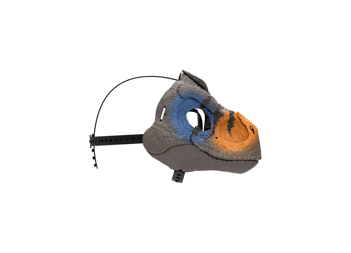 Jurassic World Velociraptor mask with moving jaw, blue and orange coloring, adjustable head strap