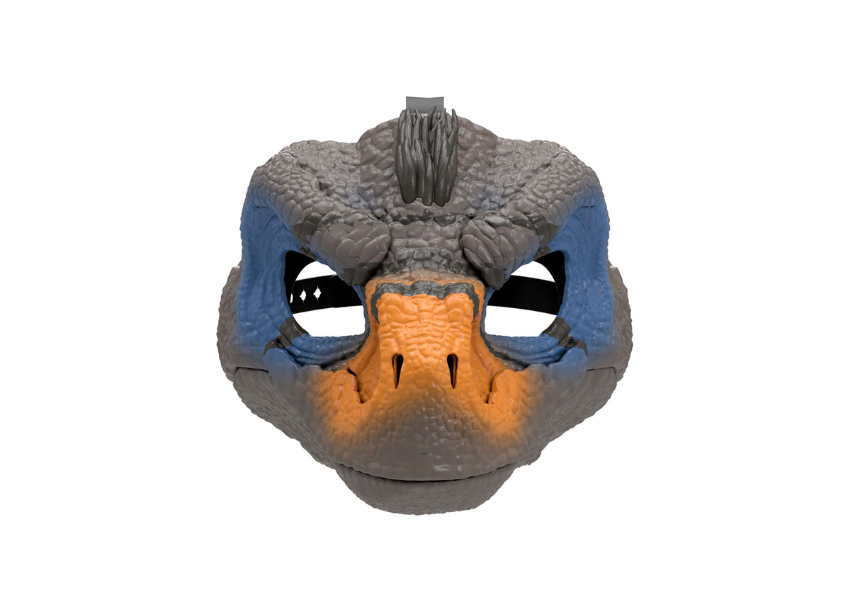 Jurassic World Velociraptor mask with gray textured head, blue eye patches, orange beak, and black eye markings