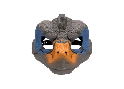 Jurassic World Velociraptor mask with gray textured head, blue eye patches, orange beak, and black eye markings