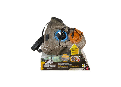 Jurassic World Snarlin' Sounds Velociraptor mask with moving jaw, blue eyes, and orange markings on gray head